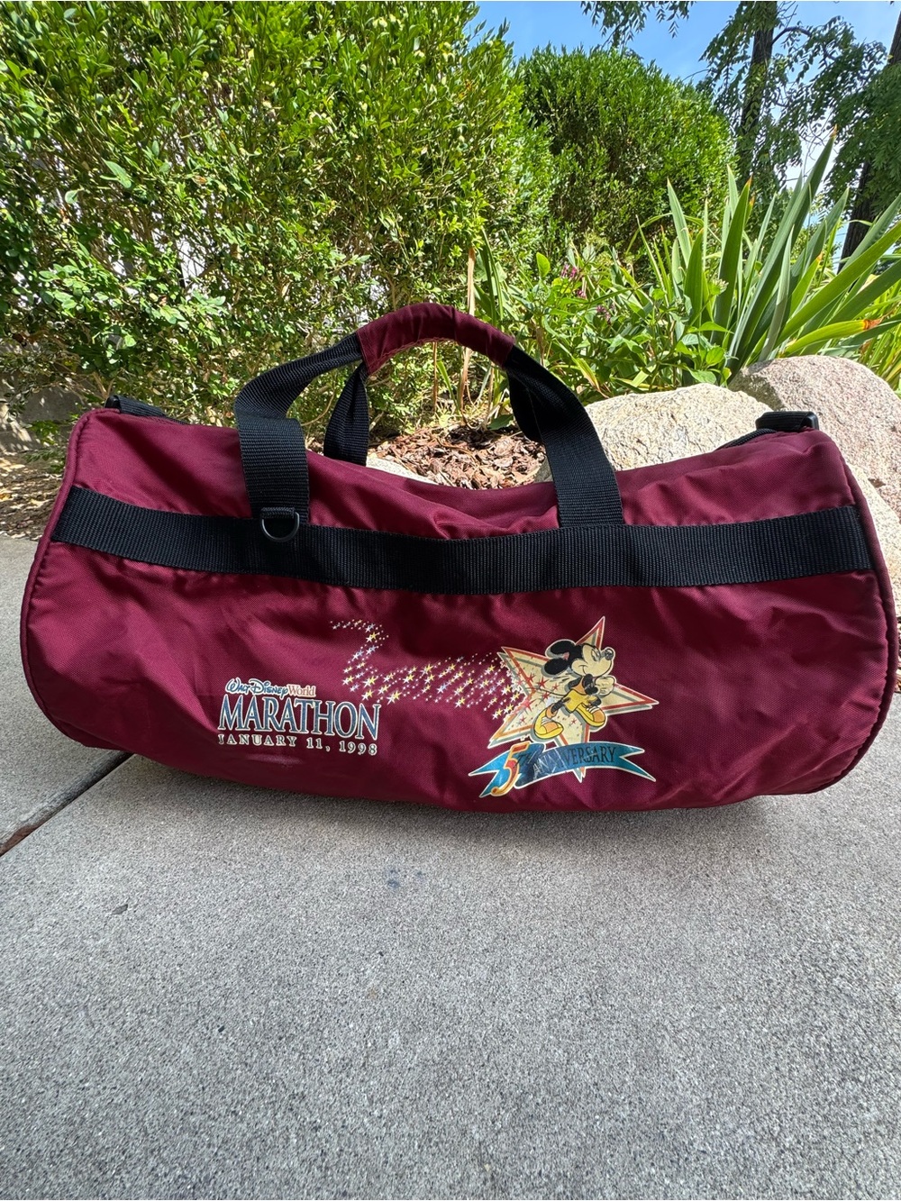 Disney Vintage Marathon Burgundy Duffel Bag with Mickey Graphic